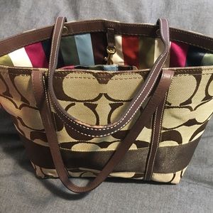 COACH brown signature stripe purse Colorful lining